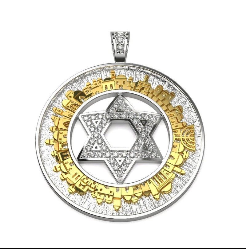 14k Gold Jerusalem Pendant Star of David - Yoel Saadya - JLuxury