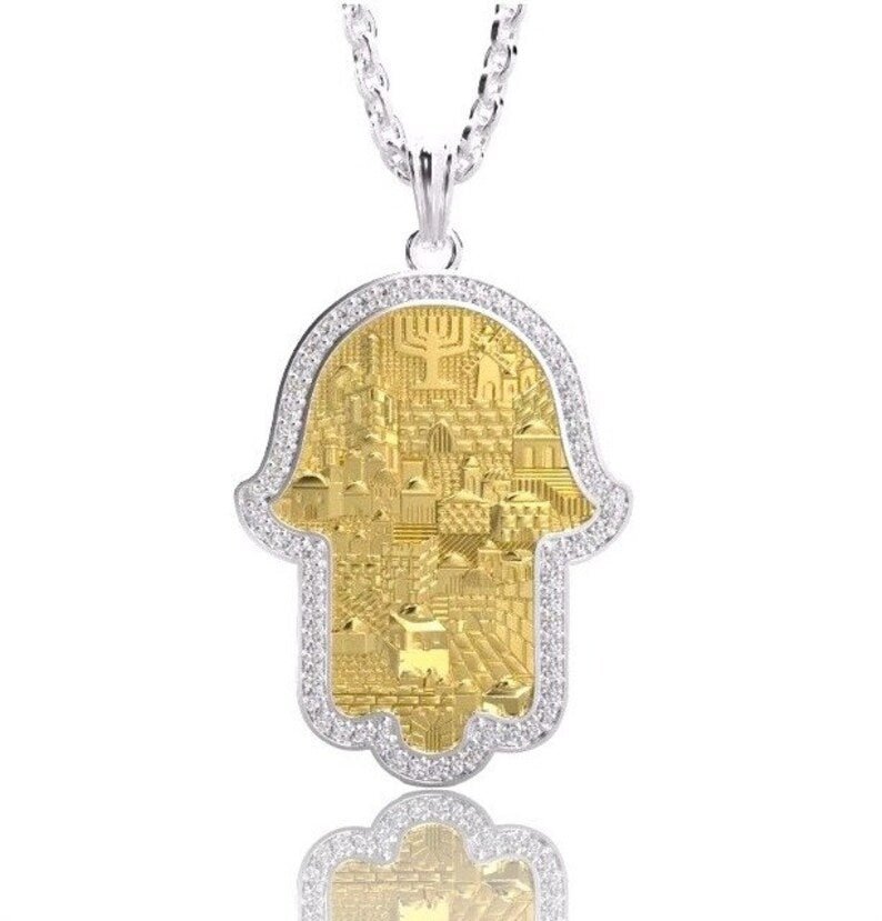 18K Gold Jerusalem Hamsa Pendant - Yoel Saadya - JLuxury