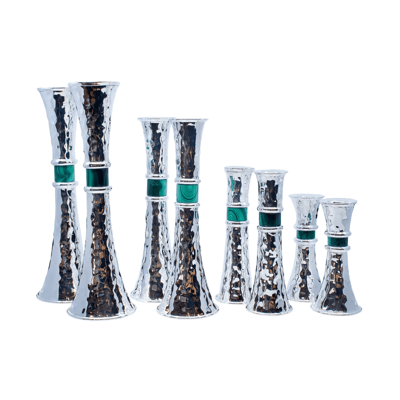 Hammered Silver Malachite Shabbat Candlesticks - Zion Hadad - JLuxury