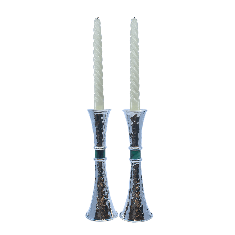 Hammered Silver Malachite Shabbat Candlesticks - Zion Hadad - JLuxury