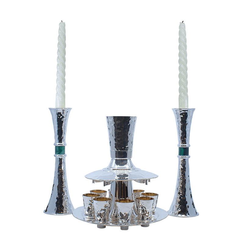 Hammered Silver Malachite Shabbat Candlesticks - Zion Hadad - JLuxury