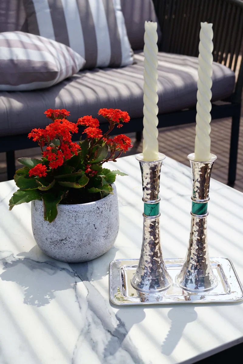 Hammered Silver Malachite Shabbat Candlesticks - Zion Hadad - JLuxury