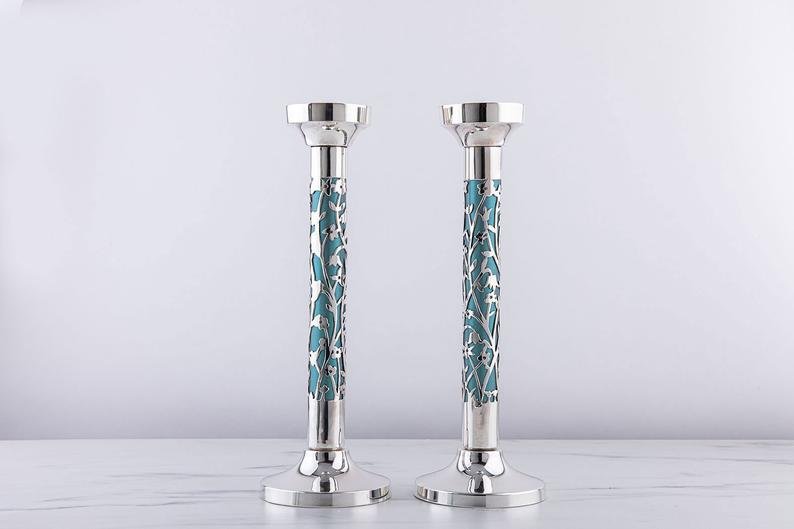 Hand Cut Floral Sterling Silver Candlesticks - Bier Judaica - JLuxury